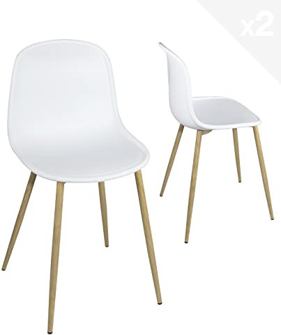 KAYELLES Lot de 2 chaises de Cuisine Design scandinave, siège Plastique Blanc Robuste et Facile d'entretien, Pieds métal façon Bois Clair YENI (Blanc)