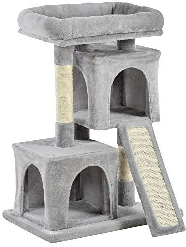 PawHut Albero Tiragraffi per Gatti Adulti e Gattini con Pali in Sisal, Lettino e 2 Casette con Rivestimento in Peluche, 59x39x83cm, Grigio Chiaro