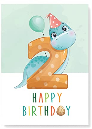 Friendly Fox Geburtstagskarte für Kinder 2. Geburtstag, 1x DIN A5 Dino Glückwunschkarte zum Kinder Geburtstag, Happy Birthday Karte mit Umschlag