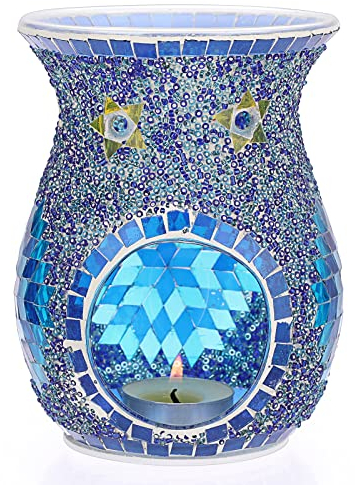 OLegei Brûleur d’huiles essentielles en Verre mosaïque Chauffe-huiles de Parfum encens diffuseur darômes décoration pour Maison, Chambre, Table, Bureau (Bleu)