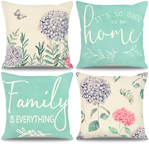 Weldomcor Kissenbezug 45x45 cm Kissenhülle Blumen Kissen 4er Set Dekorative kissenbezüge Moderne Dekorationskissenbezüge Bauernhaus Kissenbezüge für Couch Sofa Schlafzimmer Bett Auto (Hortensie)