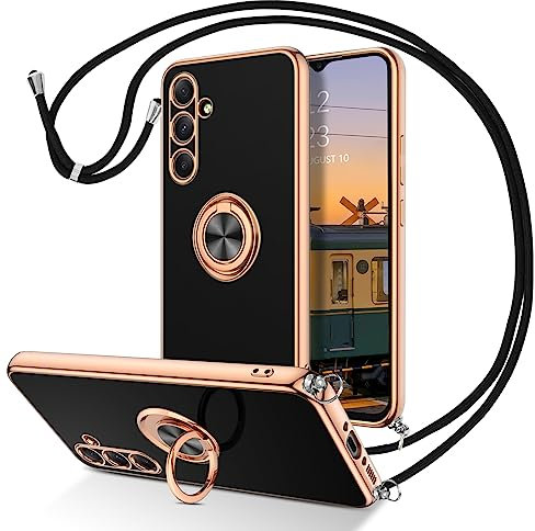 DUEDUE Coque pour Samsung A54 5G, Cordon avec Anneau Rotatif, Protection Caméra Souple Fine Doublure Microfibre, Coque avec Bague et Corde Bandoulière Lanière Réglable pour Samsung A54, Or Noir