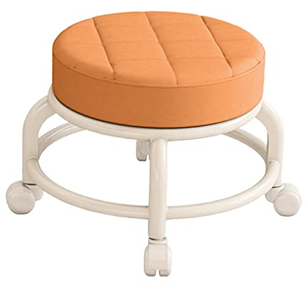 JISADER Niedriger Rollhocker mit Rollen, Rollenhocker Rund, PU-Leder Niedriger Hocker, Schuhhocker Drehbar, Kleiner Hocker mit Universal Drehrollen für Home Massage Garten Büro Garage, Orange