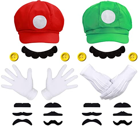 iZoeL Mario und Lui gi Kostüm Accessories Mütze Hut Handschuhe Bart gelbe Knöpfe Faschingkostüme Karneval Mottoparty Halloween Cosplay für Kinder Damen Herren