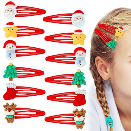Kiiwah 12 Stück Weihnachten Haarspangen Kinder, Weihnachts Haarschmuck Cartoon Haarclips, Weihnachts Haarklammern Deko für Mädchen Kinder Damen (Rot)