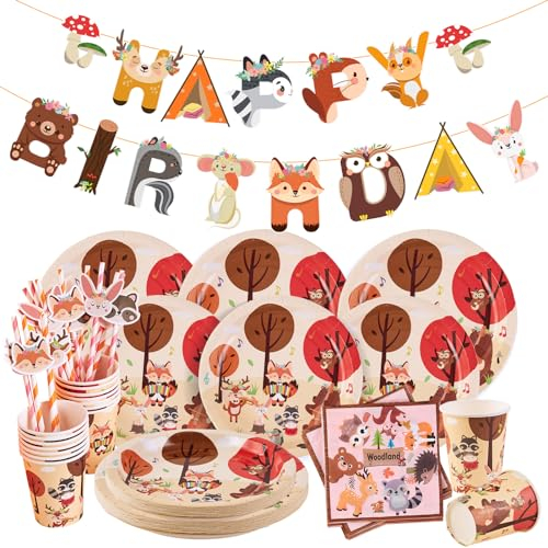 EASY JOY 86PCS Woodland Party Decorations Animal Paper Tableware Jungle Safari Paper Plates Cups Napkins Animal Happy Birthday Banner for Summer Garden Wild One Birthday Baby Shower
