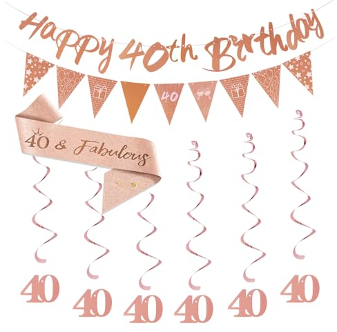 Happy 40th Birthday Decorations Kit For Women,Rose Gold Happy 40th Birthday Banner bunting,Triangle Flag Sash Hanging Swirls Streamers,For Women Birthday Party Supplies (40th)