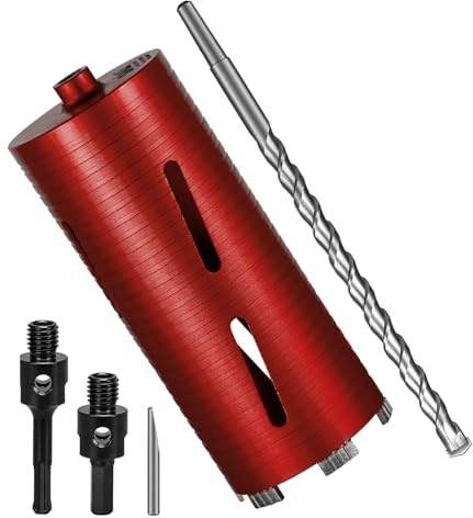 SALI Diamond Core Drill Bits 4 1/4 Diameter 10/254mm Drilling Depth 5/8-11 Thread Core Bit Turbo Laser-Welded Segments for Cured Concrete with Brick Block Masonry with Two Adapters（Red）
