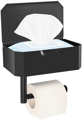 Beruyu Toilettenpapierhalter Ohne Bohren, Klopapierhalter mit Feuchttücherbox, Toilettenpapierhalter Schwarz mit Ablage, Edelstahl Klorollenhalter für Wc & Bad, Selbstklebend oder Bohren