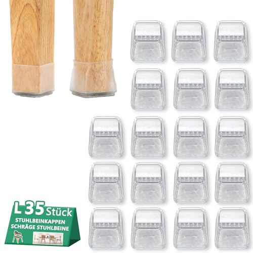 35 Stück Stuhlbeinkappen Eckig,Fit:28-40mm,Stuhlbeinschoner Kein Lärm,stuhlbein Bodenschoner für Stühle,schräge stuhlbeine,bodenschoner für Stuhlbeine mit Filz,Klare Silikon Zum Schutz von Böden,Groß