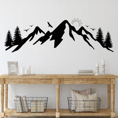 GRAZDesign Wandtattoo Berge mit Sonnenuntergang Camping, Camper, Reise für Wohnzimmer, Flur, Innen und Außen - 128x40cm / schwarz