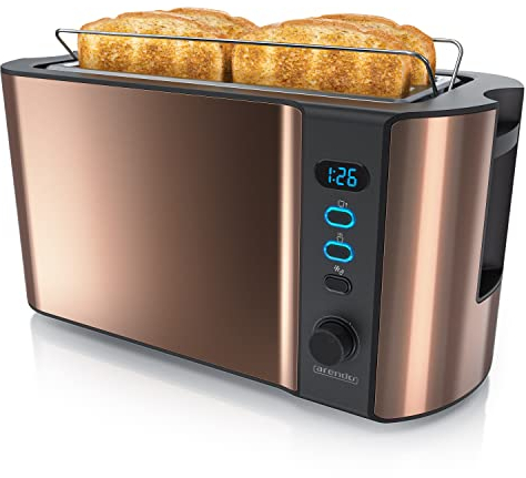 Arendo - Grille Pain 2 Larges Fentes 4 tranches écran Digital - Grille-Pain Automatique 3en1-1500W - 6 Niveaux réglables décongélation réchauffe viennoiseries Plateau à miettes -Toaster Cuivre
