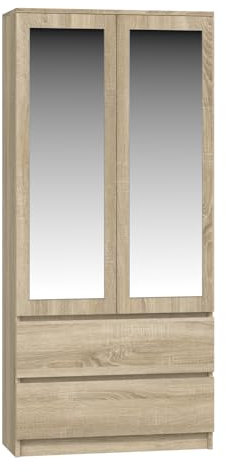 WHATSIZE ENTERPRISE - Modern Double Wardrobe with Drawers - 2 Door Cupboard Contemporary Bedroom Furniture with Mirrors - Sonoma