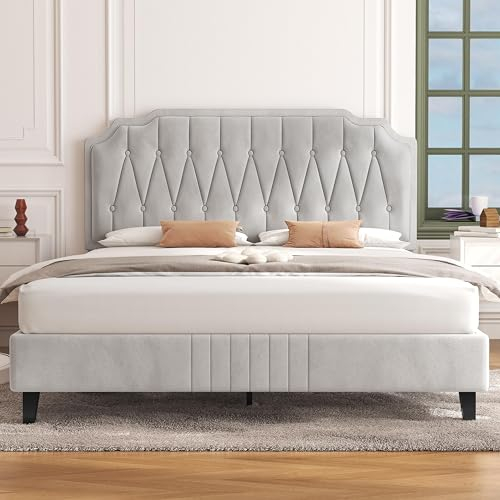 Yaheetech 4ft6 Double Bed Frame Upholstered Platform Bed with Adjustable Button Tufted Headboard/Velvet Fabric/Sturdy Wooden Slat Support/No Box Spring Needed, Beige Double Bed