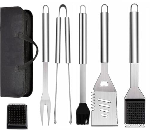 ZWMYF Ensemble Lot de 6 Ustensiles de Barbecue en Acier Inoxydable avec Sac de Transport, Spatule, Pince et Fourchette, Accessoires pour Barbecue, Cuisine, Camping en Plein Air