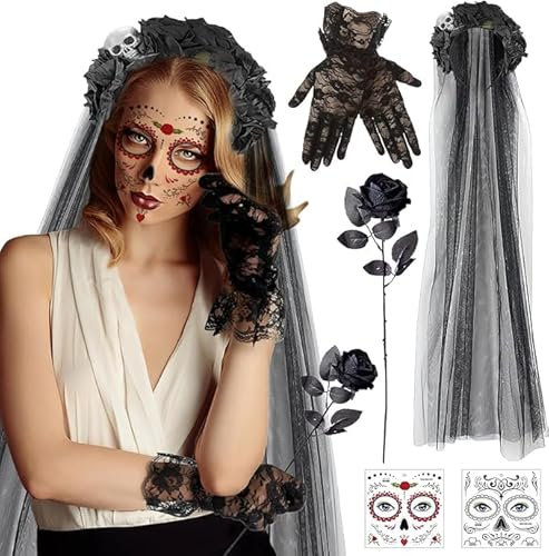 Voile Noir Halloween, Serre Tete Halloween Femme, Serre Tête Halloween, Serre Tete Dia de Los Muertos, Couronne Halloween Femme, Serre Tete Fleur, Voile Noir pour Visage Deguisement Halloween