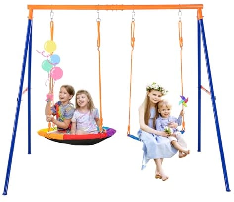 VEVOR Juegos de Columpios Carga de 199,6 kg con 1 Asiento con Platillo, 1 Asiento con Cinturón, Soporte de Metal con Marco en A Resistente y Cuerda Ajustable, Columpio para Exteriores para Niños