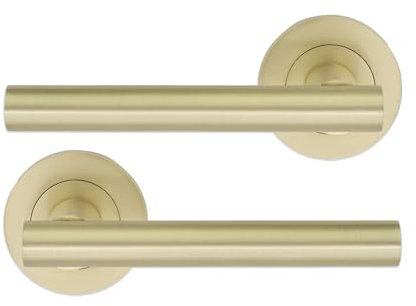 Infinity Decor Pair of Straight T-Bar Lever Door Handle on Rose Set Satin Brass Interior Pull Handles – Ideal for Interior and Exterior use