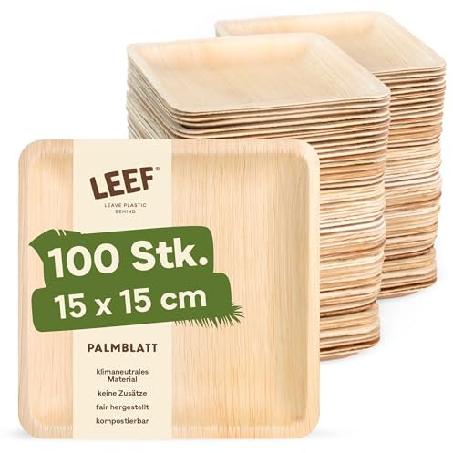 Leef 100x Palmblatt Teller eckig - Einweggeschirr kompostierbar und naturbelassen - 15 x 15 cm