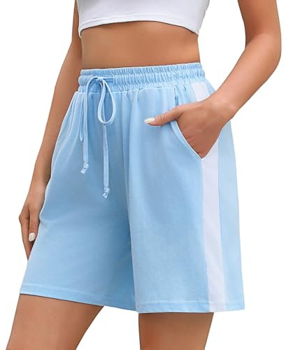 Litherday Shorts Damen Sommer Sporthose Kurz High Waist Bermuda Shorts Streifen Lose Jogginghose Sportshorts mit Taschen Himmelblau S