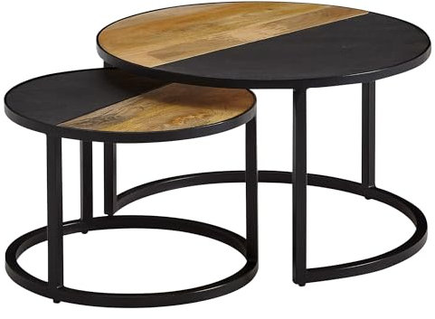 Couchtisch 2er Set Mango Massivholz/Stein-Optik Sofatisch Rund Modern | Design Beistelltisch 2-teilig | Runde Wohnzimmertische | Holztisch Satztische Metall