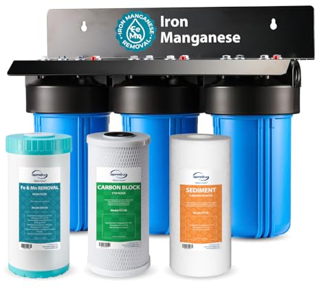 iSpring WGB31BM Filtro Acqua per Tutta la Casa, Riduce Ferro, Manganese, Cloro, Sedimenti, Gusto e Odore, Filtro Ferro a 3 Stadi per Tutta la Casa, Filtri 10 x 4.5, Ingresso/Uscita 1