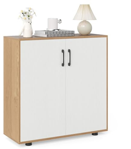 GIANTEX Sideboard mit 2 Türen, Schrank mit 5-Fach verstellbarem Ablage & 2 Kippsicherungen, 80 × 31,5 × 82 cm Mehrzweckschrank für Wohnzimmer, Küche & Flur (Natur + Weiß)