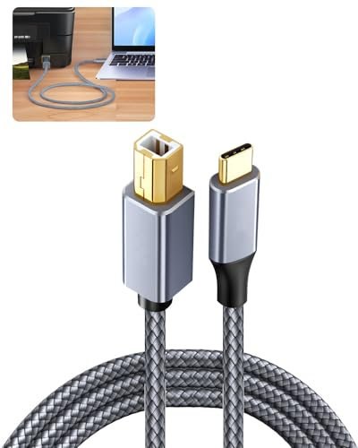 Type C to USB Printer Cable 2M USB 2.0 Nylon Braided Cable Compatible with HP Canon Epson Lexmark Printer Scanner MacBook Pro iMac XPS ASUS Laptop Mobile Phone Printing and other Usb A/B Devices