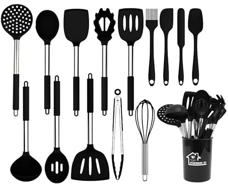 TINA&CO Juego de utensilios de cocina silicona 15 piezas de silicona con mango de acero inoxidable, resistentes al calor, antiadherente, espátulas grandes, apto para lavavajillas (Negro)