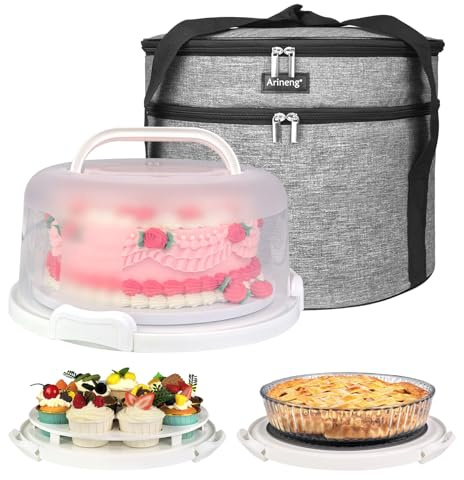 Arineng Runde Kuchenträgerbox mit Deckel und Griff, isolierte Transporttasche für Kuchen, Cupcakes und Kuchen, Dreifach-Verriegelung für sicheren Transport (Grau, 25,4 x 25,4 x 14 cm)