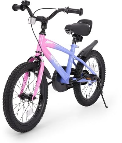 BODIOO Kinderfahrrad 16 Zoll Kinderrad für Jungen und Mädchen mit verstellbarem Sitz, Stützrädern, Handbremse, Rücktrittbremse und stabilem Rahmen für Fahrer von 104–117 cm (Lila Farbverlauf)