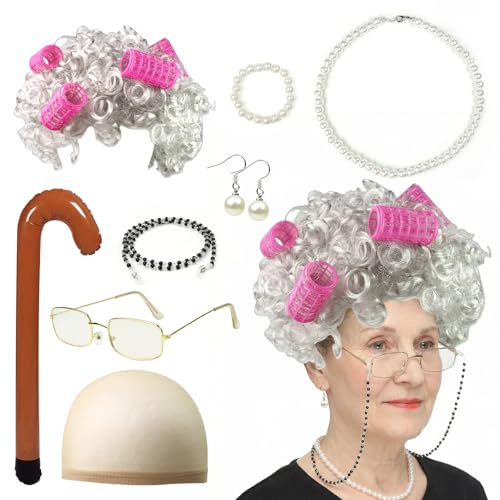 Oma Kostüm Zubehör Set, Old Lady Kostüm Großmutter, Oma KostüM Alte Frau | 7PCS Oma Kostüm Zubehör Mit Perücke Brille Ohrringe Halskette Armband Krücke Für Karneval Halloween Bühnenauftritt Cosplay