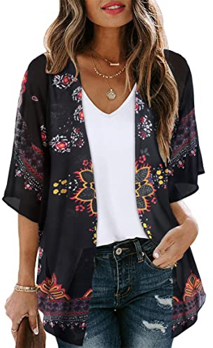 florynova Womens Tops Floral Print Open Front Kimono Cardigan Casual Bikini Cover Up(Orange Black,L)