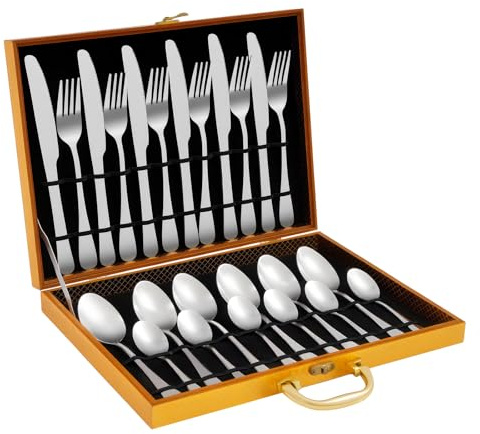 Lot de 24 couverts pour 6 personnes, couverts en acier inoxydable de qualité supérieure avec couteau, fourchette, cuillère avec boîte, passe au lave-vaisselle