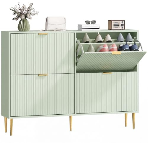 HOMCOM Narrow Shoe Cabinet with 4 Flip Drawers, 10-20 Pairs, Light Green | Space Saving Modern Slim Shoe Storage Cabinet, Fluted Doors, Adjustable Shelves, Tight Hallway