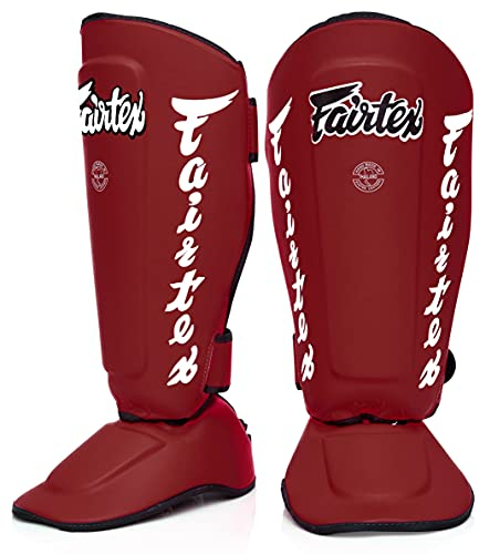 Fairtex SP7 Muay Thai Schienbeinschützer für Herren, Damen, Kinder | aus Syntek-Leder und hochwertig, leicht und langlebig | Abnehmbarer Schienbein- und Fußschutz(Medium-Rot)