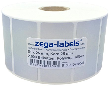 Polyester Thermotransfer Etiketten auf Rolle 51 x 25 mm aus PET Polyesterfolie silber stark haftend für Typenschilder - 2.000 Stück je Rolle - Kern: 25 mm Druckverfahren: Thermotransfer (mit Farbband)