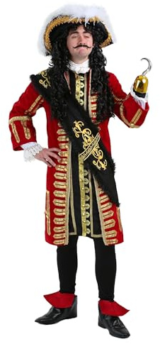 Elite Captain Hook Costume for Adults Pirate Outfit Red Velvet Frock Coat, Vest, and More