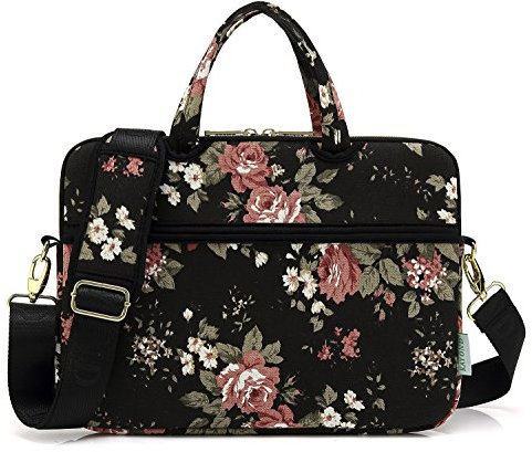 kayond Black Chinese Rose Patten Canvas Laptop Shoulder Messenger Bag Case Sleeve for 15-15.6Inch Laptop and Macbook Pro 15.4 (15-15.6 inch, Black Chinese Rose)