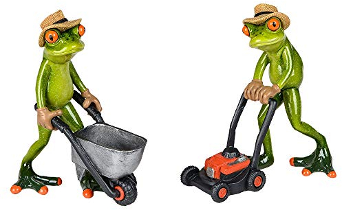 Formano Figuren Froschpaar mit Karre und Rasenmäher, Höhe ca. 17 cm, 2-teiliges Set