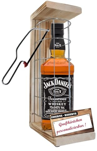 Personalisierte Geschenke für Männer Frauen Geschenkidee - Eiserne Reserve Gitter Text rot Whiskey J.Daniel Whisky (1 x 0.70 l) incl. Notsäge - Papa Mama Geburtstag Hochzeit