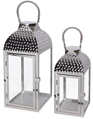 Mojawo Traumhaftes 2er Set Luxus Gartenlaterne Edelstahl Silber Windlicht Laternen Set Höhe 35/46cm Edel Design
