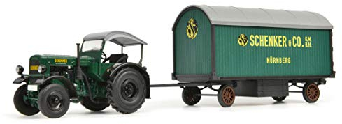 Schuco 450781900 Deutz F3 Schenker, Traktor mit Anhänger, Seitenwände aus Holz, Modellfahrzeug, 1:32, Limitierte Auflag, grün