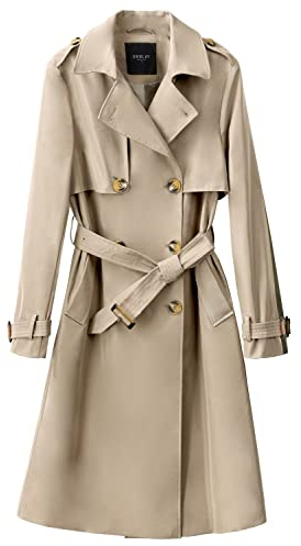 Orolay Damen Übergangsmantel 3/4 Länge Doppelreihiger Trenchcoat Revers Jacke mit Gürtel - Eleganter Mantel Khaki S