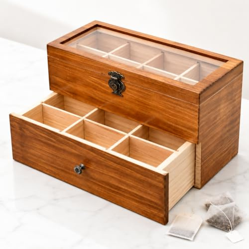 WELLAND Vintage-Teebeutelbox aus Holz, groß, mit transparentem Deckel und 2-lagigen, 14 Fächern
