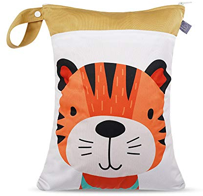 Windeltasche Baby Trocken und Nasstasche mit Reißverschluss, Treer Wiederverwendbar Cartoon Tiermuster Hängende Wasserdichte Windel Organiser Beutel für Reise Strand (30x40cm,Tiger)