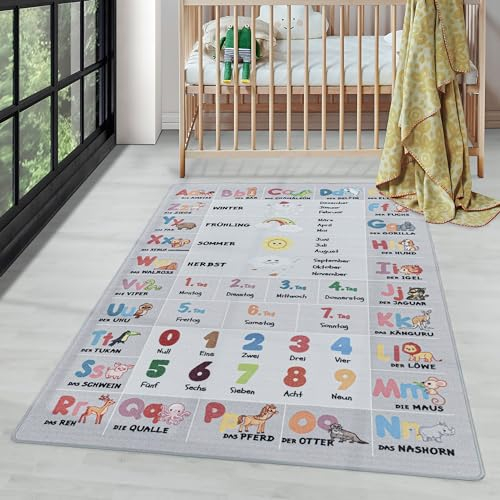 Carpettex Kurzflor Kinderteppich Mädchen und Jungen 100 x 150 cm Grau - Alphabet Zahlen Tiere Design Teppich Weich und Antiallergen - Waschbarer Teppich für Kinderzimmer, Babyzimmer und Spielzimmer