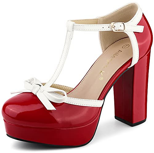 Allegra K Women's Platform Bow T Strap Chunky Heels Pumps Red 6 UK/Label Size 8 US