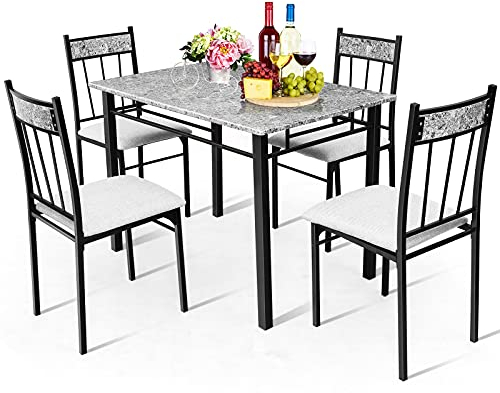 TANGZON 5-Piece Dining Room Set, Metal Frame MDF Top Dining Table with 4 High Back Padded Chairs, Modern Dinner Furniture for Kitchen, Cafe and Restaurant