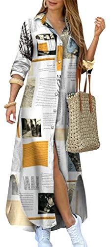 OMZIN Women's Long T-Shirt Dress V Neck Button Down Loose Blouse Tops Casual Dresses with Pockets Newspaper M
